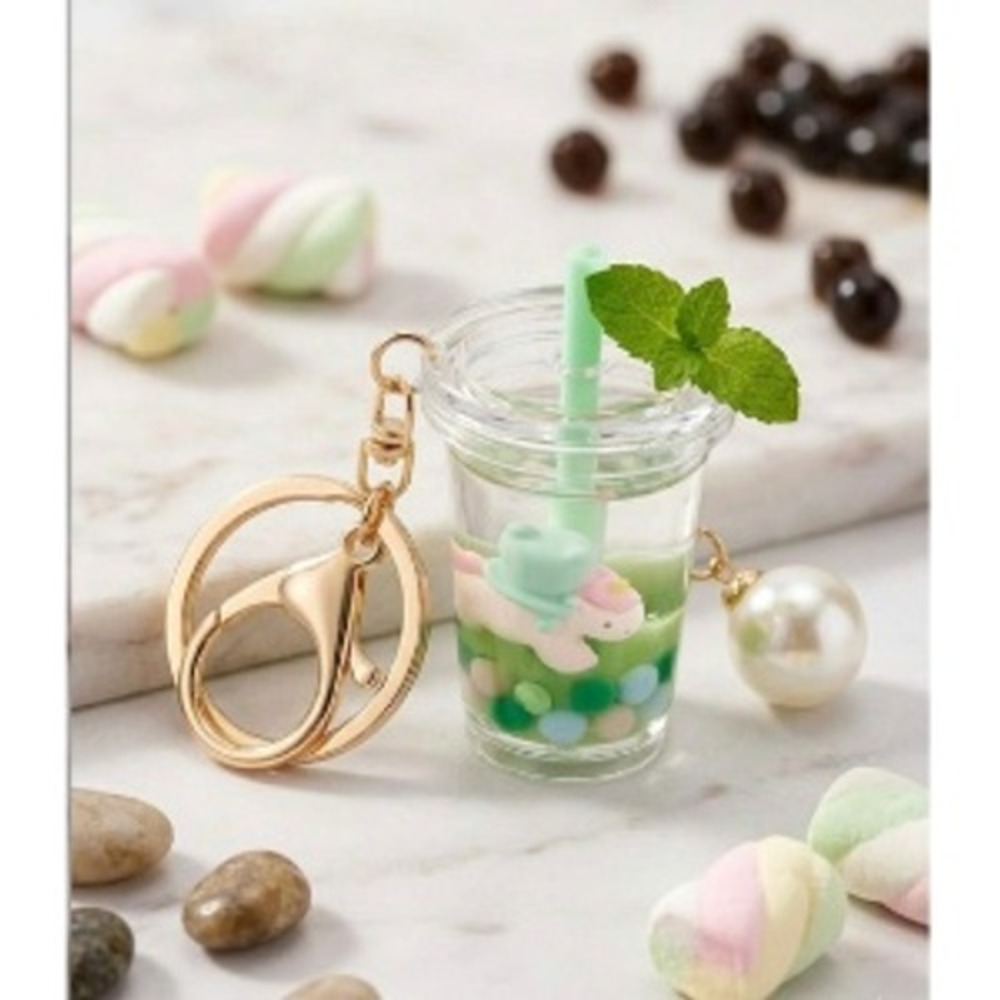 Kawaii Boba Tea Keychain Floating Bear Unicorn Green Liquid Bag Charm Pearl Gold